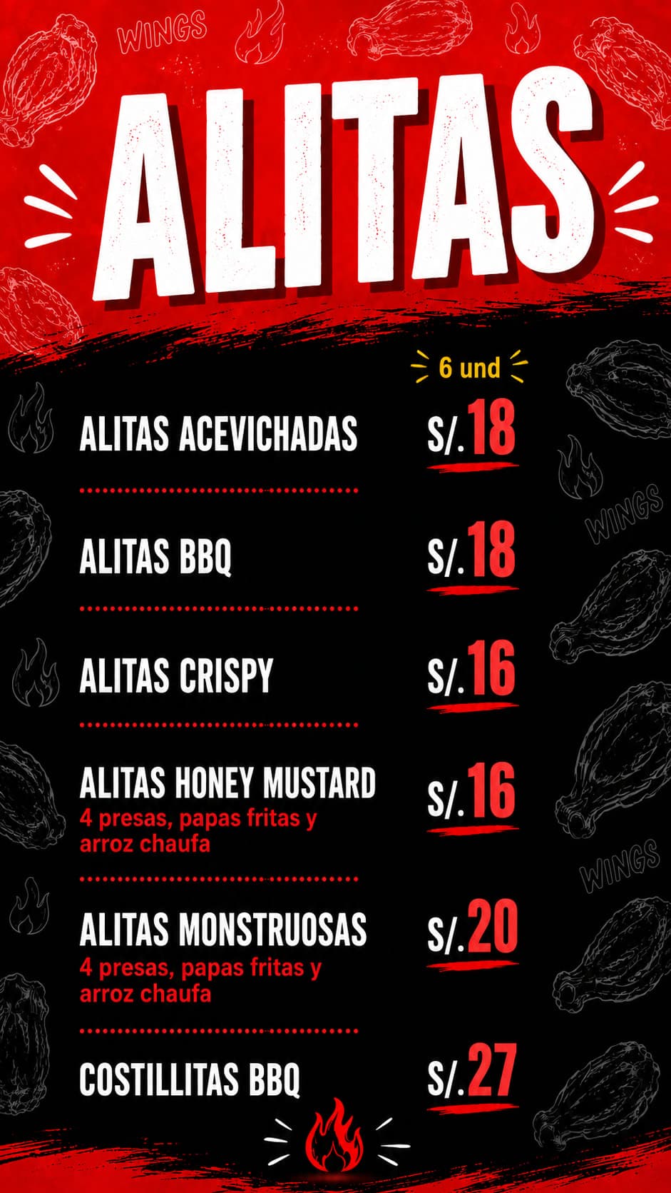 A Fuego Alitas & Costillitas — carta 1